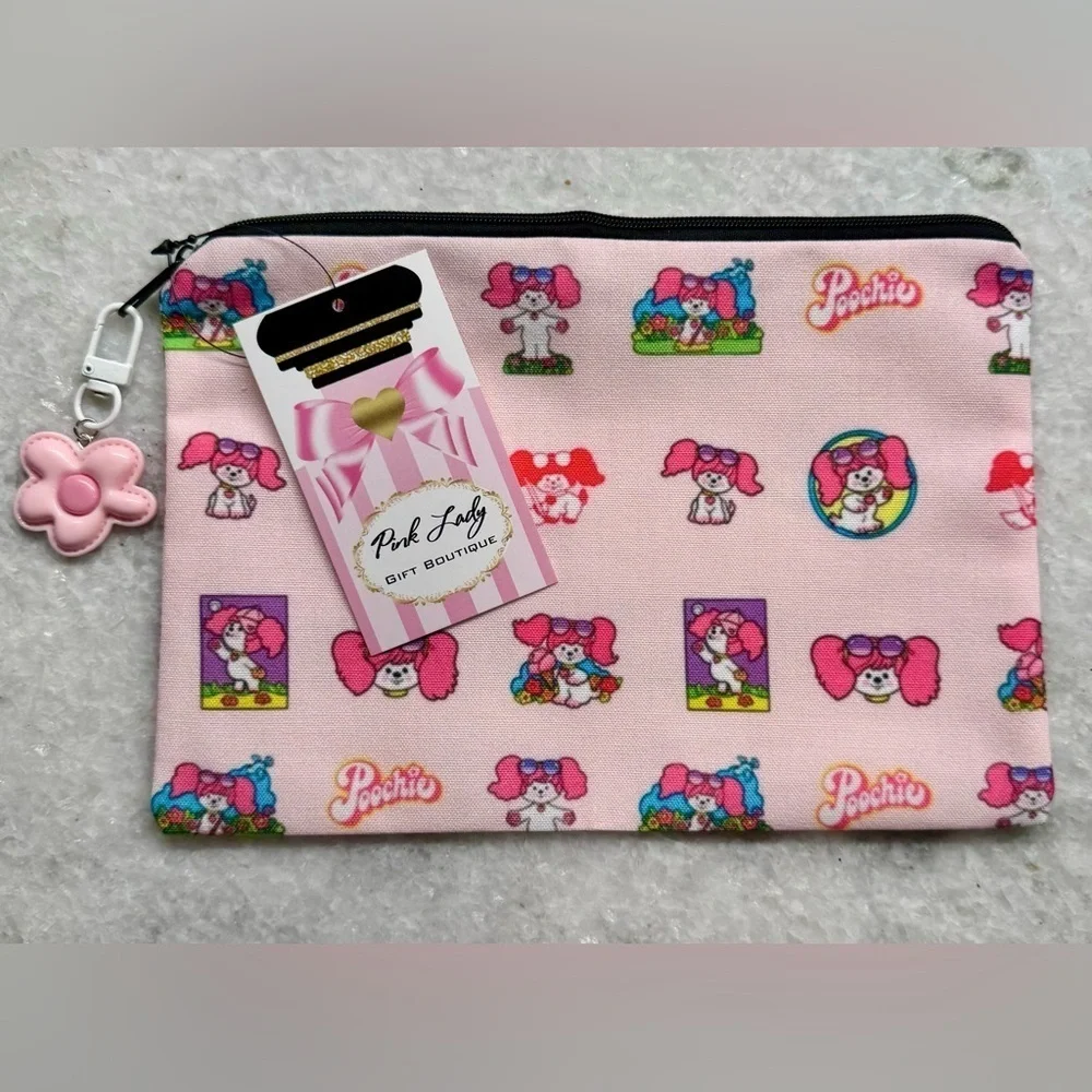 New Retro 80s Style Poochie Dog Pink Makeup Tech Pencil Bag w/ Charm - 8.5” x 6”